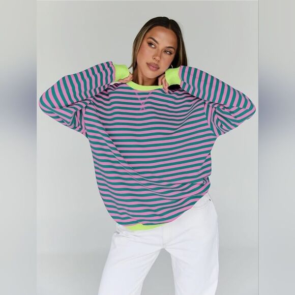 ☔️🔹️NWT Neon & Striped Drop Shoulder Oversized Sweatshirt Medium - Picture 1 of 14